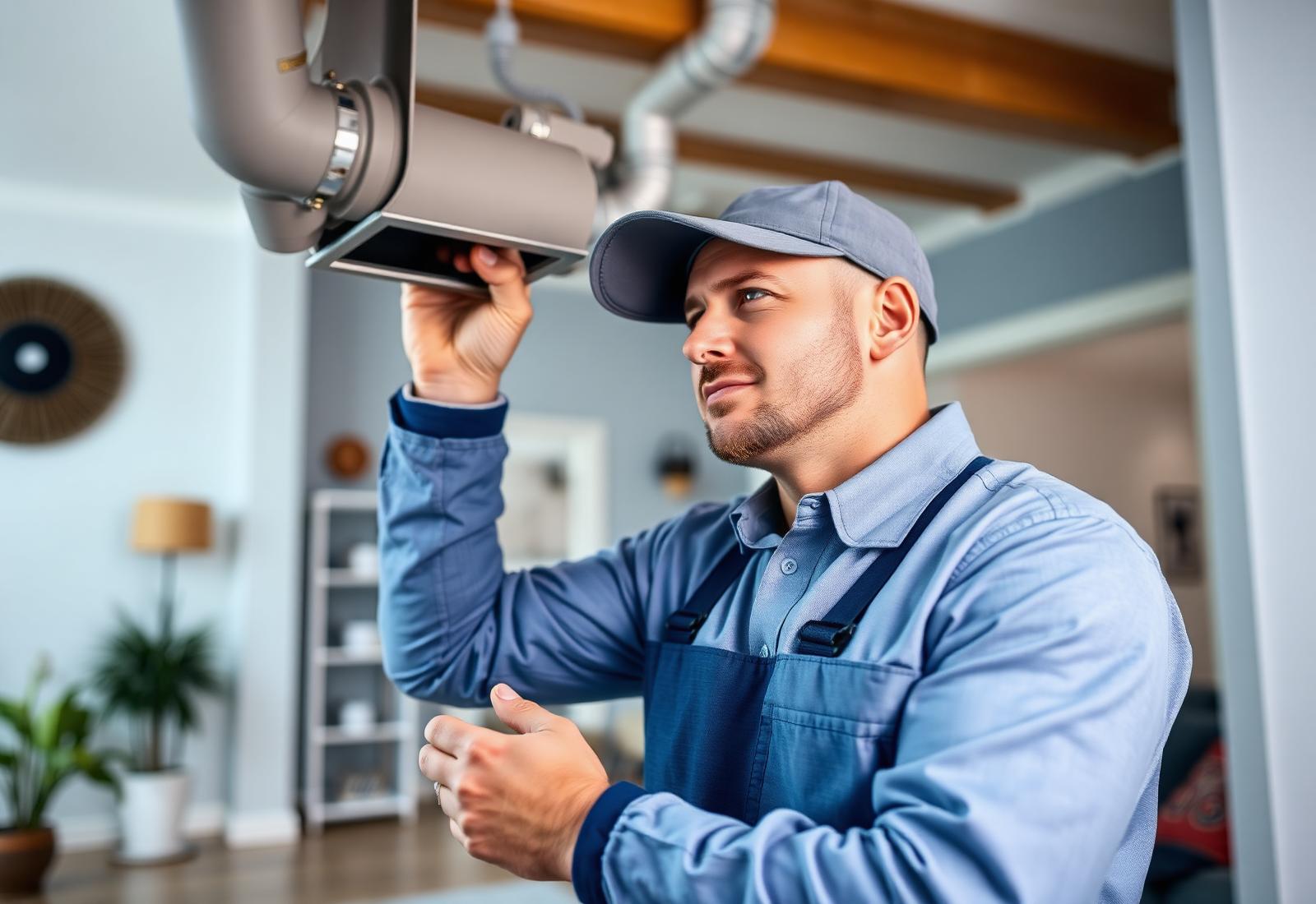 Technician performing residential air duct cleaning